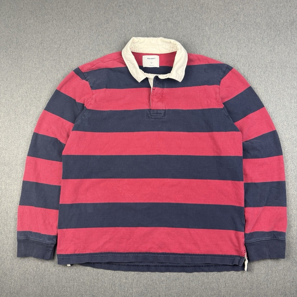 Old Navy Shirt Mens Medium Red/Gray Rugby Stripe Pullover Long Sleeve Preppy Alt